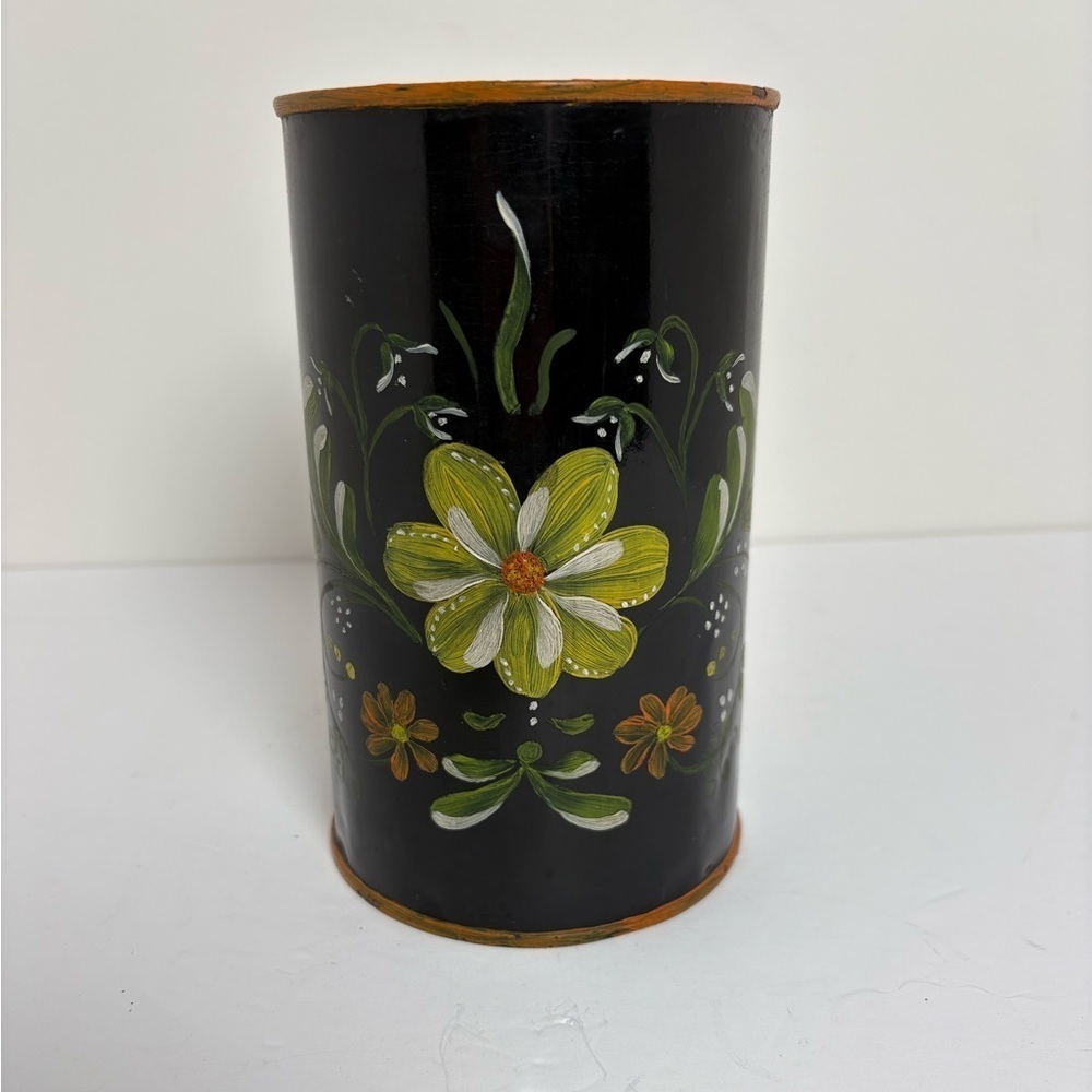 Hand-Painted Black Floral Metal Container